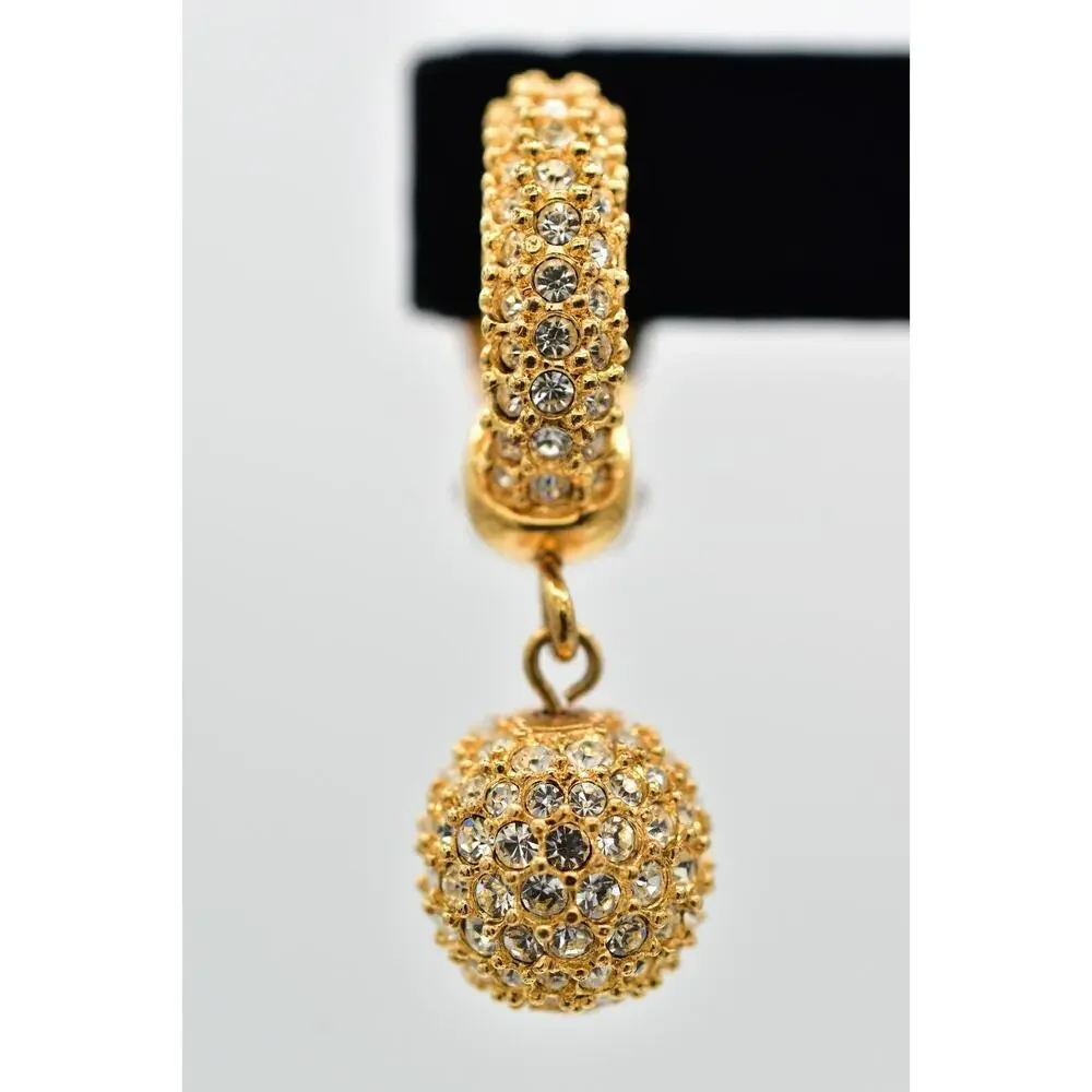 Swaovski Vintage Crystal Clip On Earrings Ball Dangle Gold Swan Signed 80s BinBJ